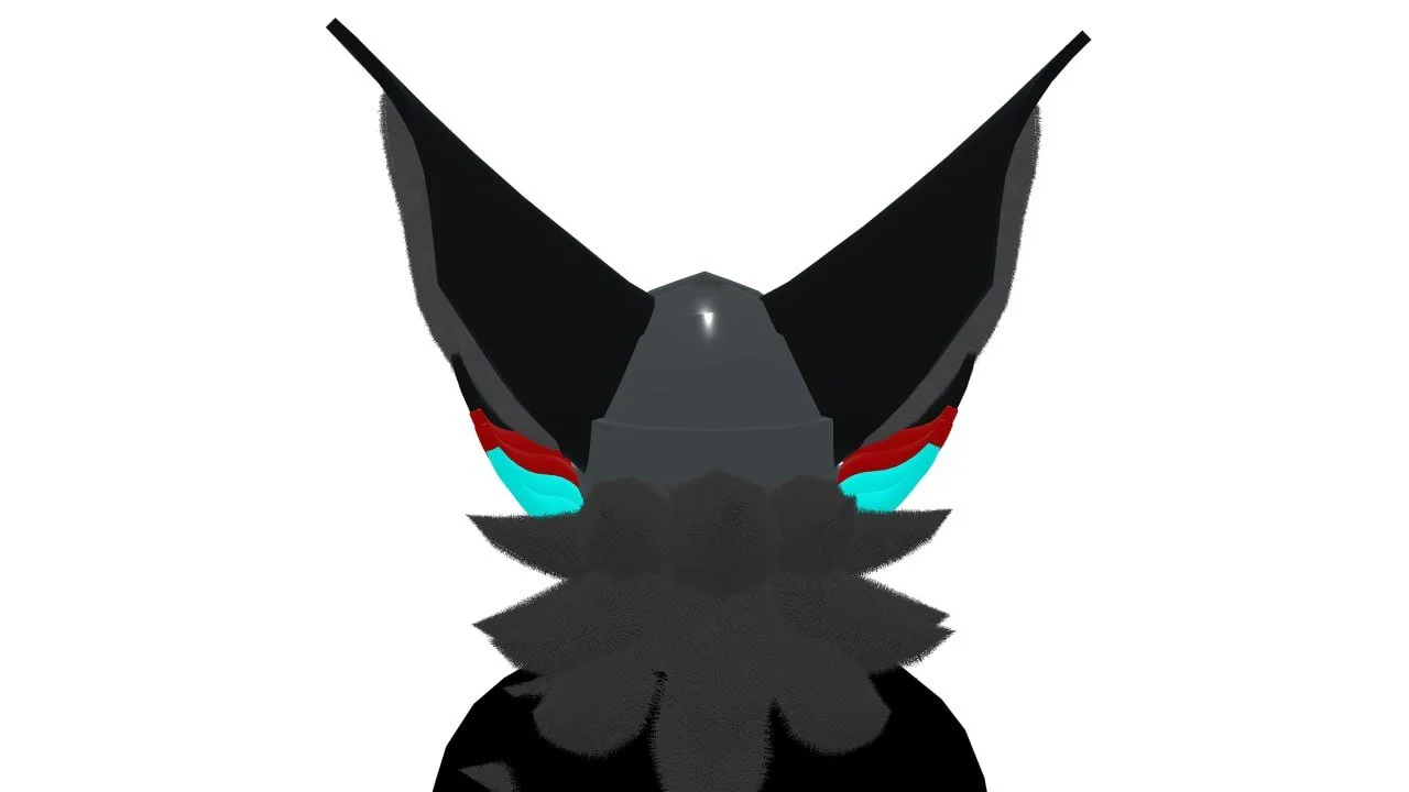 A stylized digital illustration of a black fox with turquoise and red accents on its face, large pointed ears, and sharp features, facing forward against a white background.