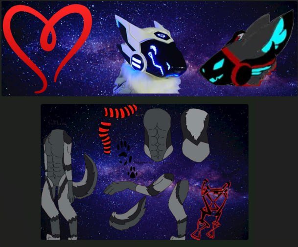 A digital art depiction of a space background with two stylized animal characters, a heart shape on the left, and various disassembled parts of a creature below.