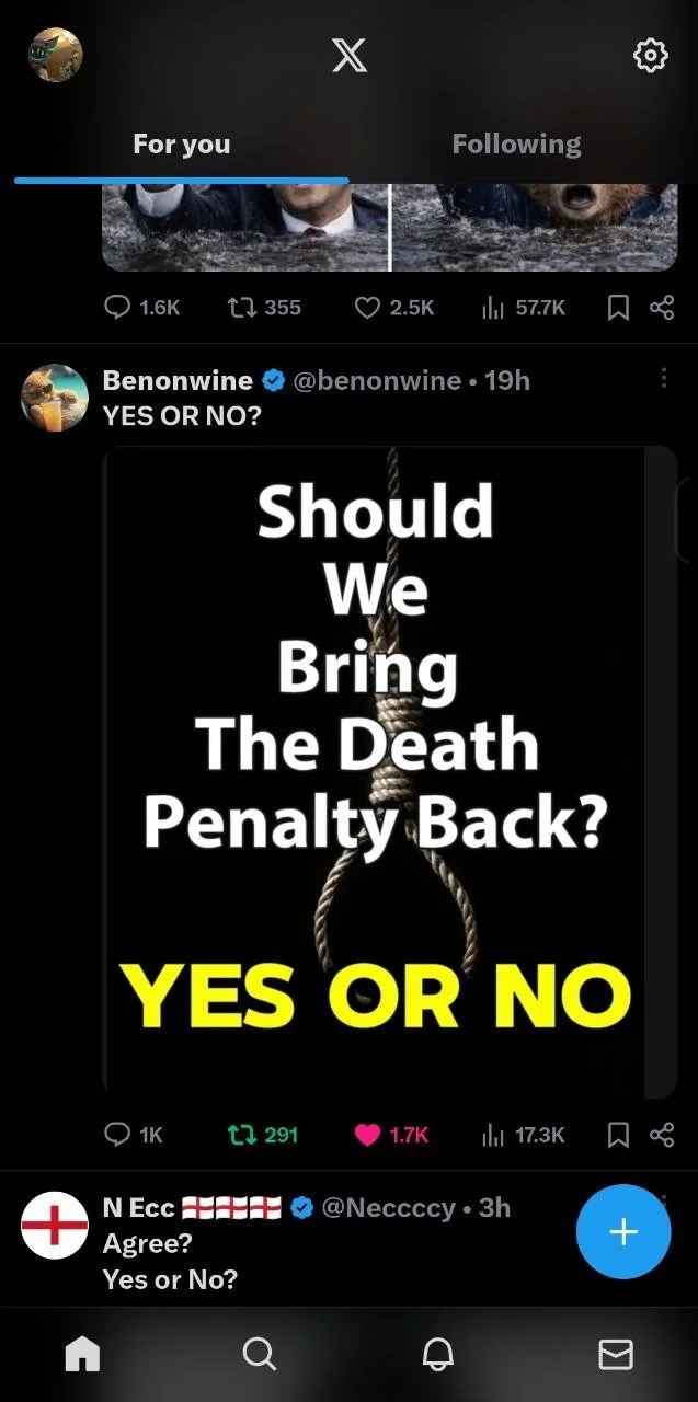 Twitter feed showing a poll asking 'Should we bring the death penalty back?' with options 'Yes or No' in yellow text, and a pulled hanging noose as background image.