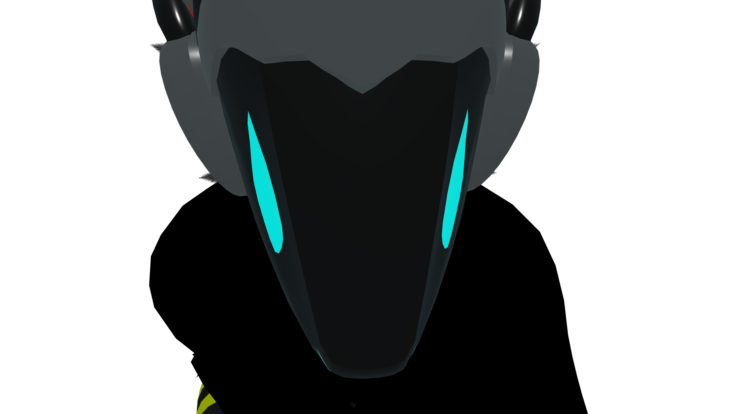 Close-up of a futuristic, sleek black helmet with blue accents and angular design, viewed from the front.