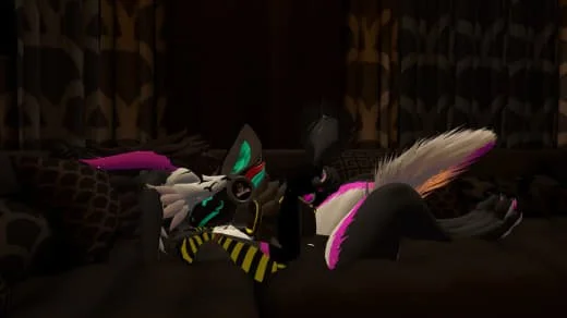 Two anthropomorphic characters with animal features lying on a dark surface in a dimly lit room.