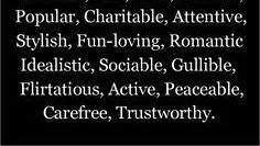 A black background with white text listing positive personality traits: Popular, Charitable, Attentive, Stylish, Fun-loving, Romantic, Idealistic, Sociable, Gullible, Flirtatious, Active, Peaceable, Carefree, Trustworthy.