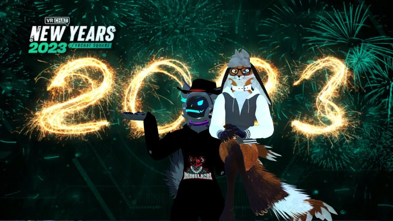 A graphic celebrating New Year's 2023 with firework displays in the background, featuring cartoon avatars of a wolf and a fox. The wolf character is dressed in black with a glowing blue face and a shirt with a red demon logo. The fox character is dre