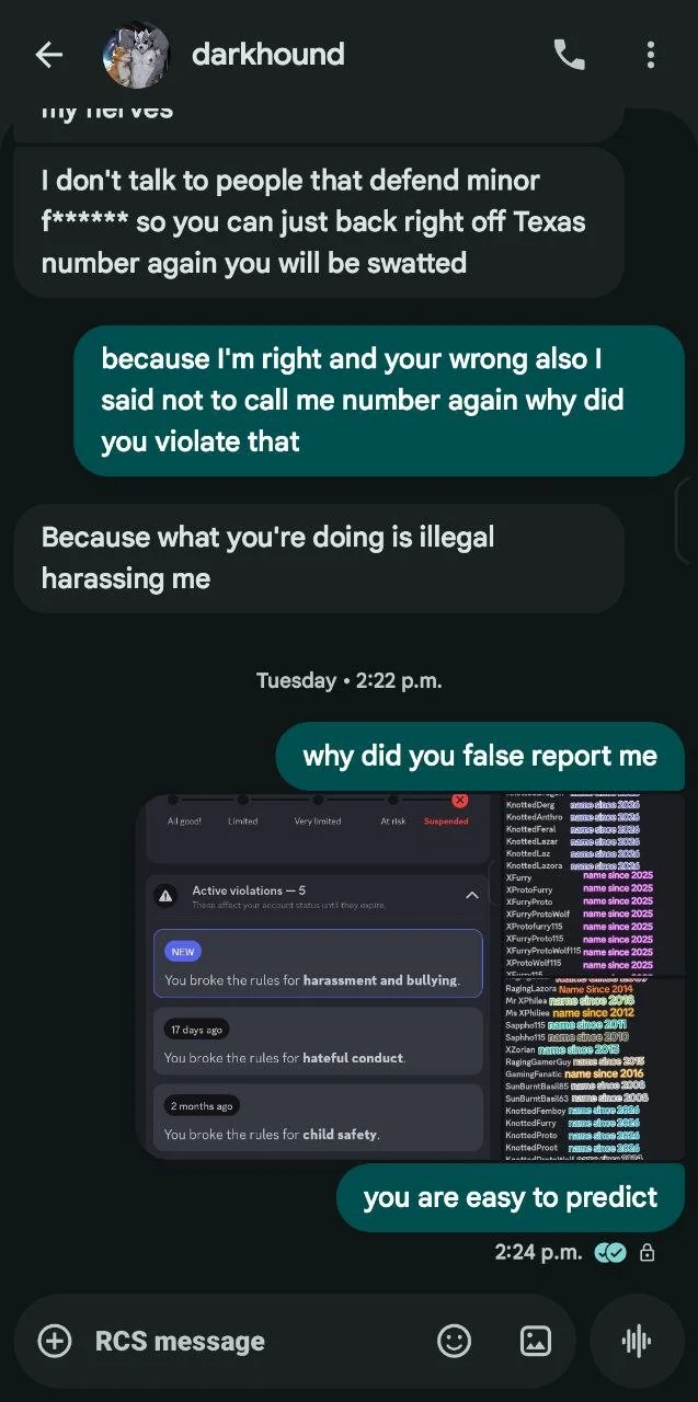 Screenshot of a text message conversation discussing a false report and violations on an account, including warnings for harassment, hateful conduct, and child safety.