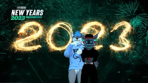 Two anthropomorphic characters pose in front of a New Year's 2023 fireworks display, with large glowing numbers "2023" and green fireworks in the background.