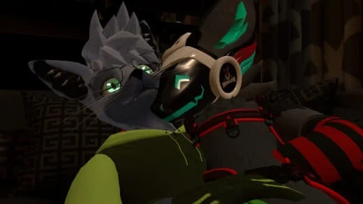 Futuristic anthropomorphic wolf character with cybernetic features sitting in a high-tech environment.