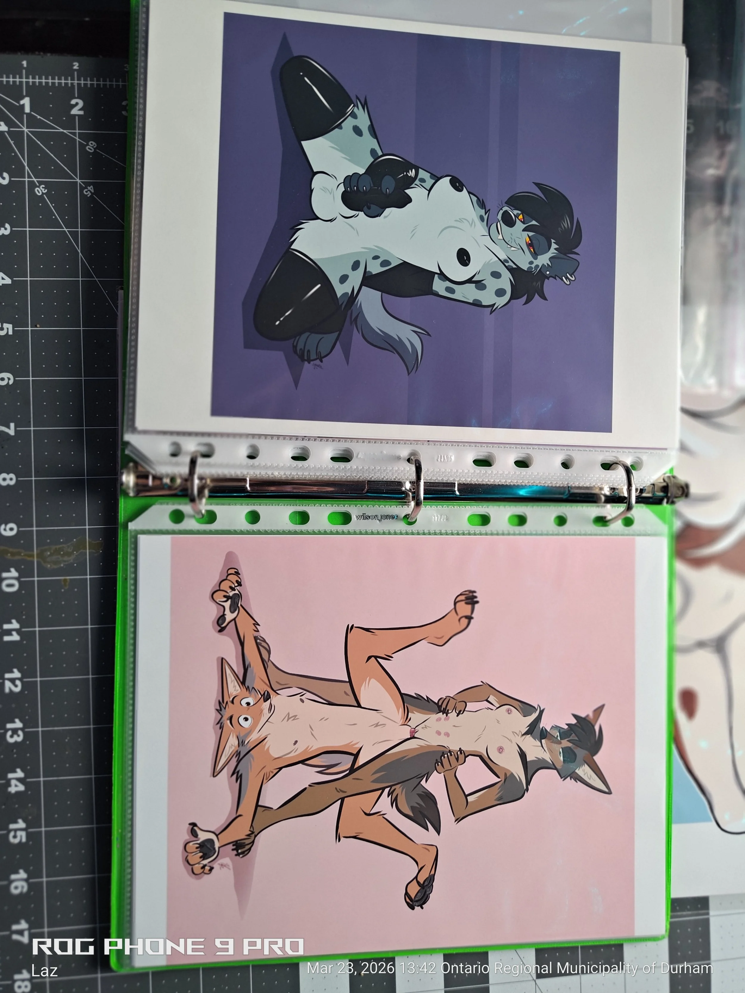 A cartoon illustration of a hybrid creature with features of a hyena and a canine lying on a purple background. The creature has gray fur with black spots, a black nose, and blue eyes.
