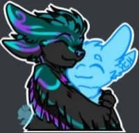 A black and blue cartoon dragon with purple accents, hugging a blue cartoon cat with a wide smile.