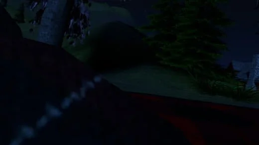A dark outdoor scene, possibly at night, with trees and nearby structures faintly visible.