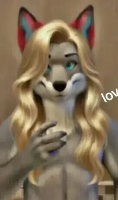 Furry anthropomorphic character with blonde hair and blue eyes, dressed as a dog or fox, holding a phone, with the word 'love' partially visible.