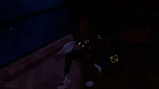 A dark room with two animated characters, one with a glowing yellow face and another with a glowing orange face, standing on a wooden floor.