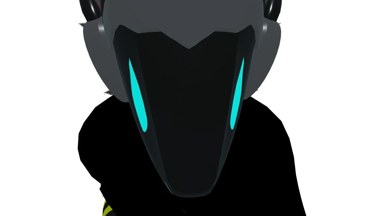 Front view of a futuristic black helmet with teal accents and a sleek design, set against a white background.