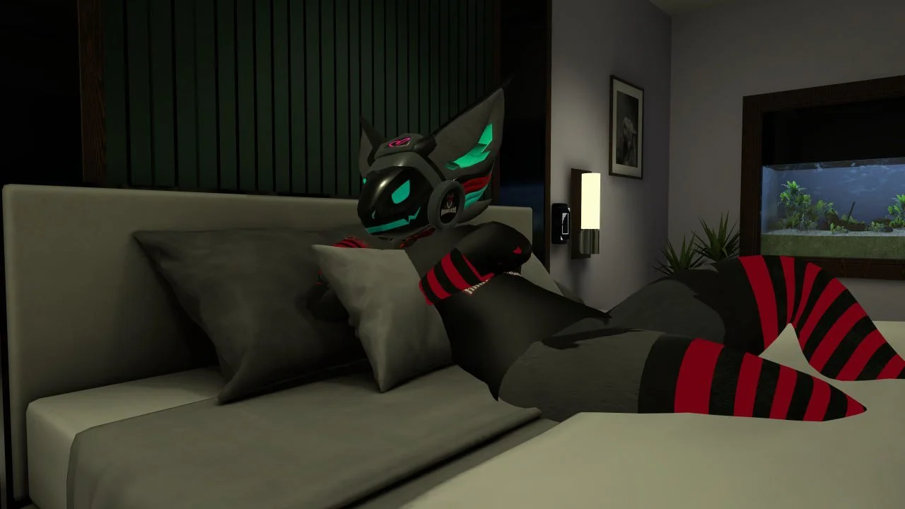 A digitally animated character with a feline appearance, wearing headphones and a striped outfit, reclining on a bed in a modern bedroom with dark wood accents, framed artwork, and a fish tank in the background.