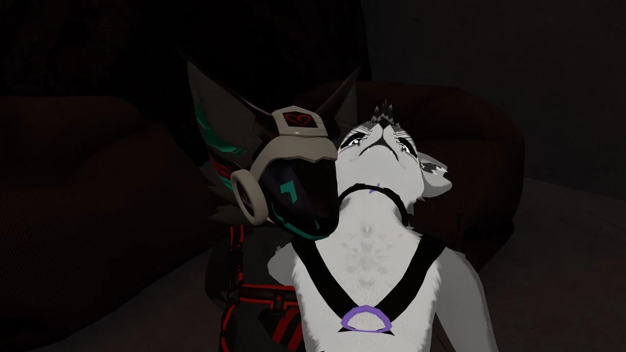 A white anthropomorphic dog wearing a black harness and purple collar, with a robotic helmet featuring a heart symbol, in a dark room.