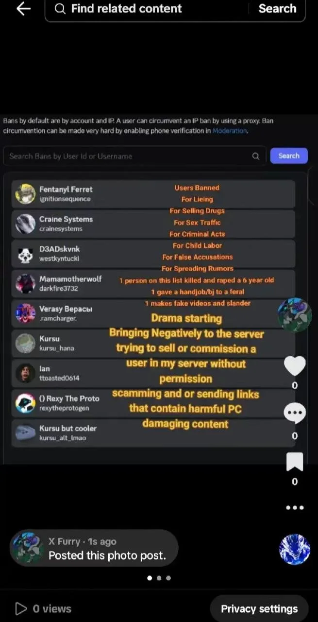 Screenshot of a list of usernames and banned activities, with warnings about scamming and malicious links, and a comment stating it was posted by a user named X Furry.