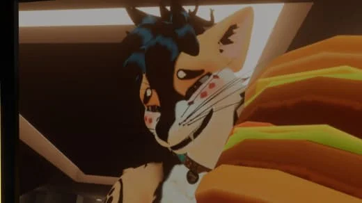 A close-up of an anthropomorphic feline mascot with blue hair and a collar, surrounded by colorful objects.