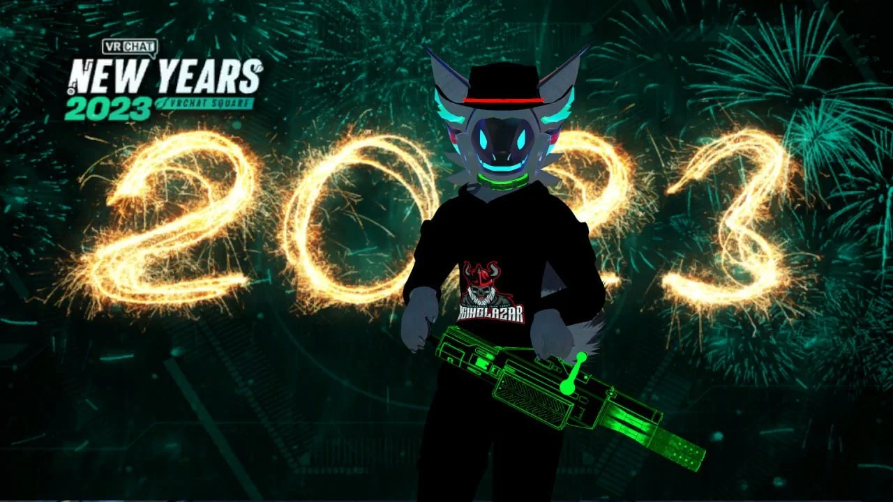Digital illustration of an anthropomorphic wolf character wearing a black hoodie with a demon logo, a hat, and glowing accessories, holding a glowing green gun, with fireworks and the year 2023 in the background, celebrating New Year's Eve at VRChat 