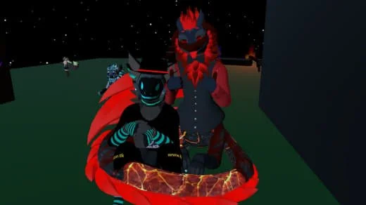 Two animated characters with neon and fiery designs in a virtual environment, one with a dragon-like appearance and the other with a robotic look, standing outdoors at night.