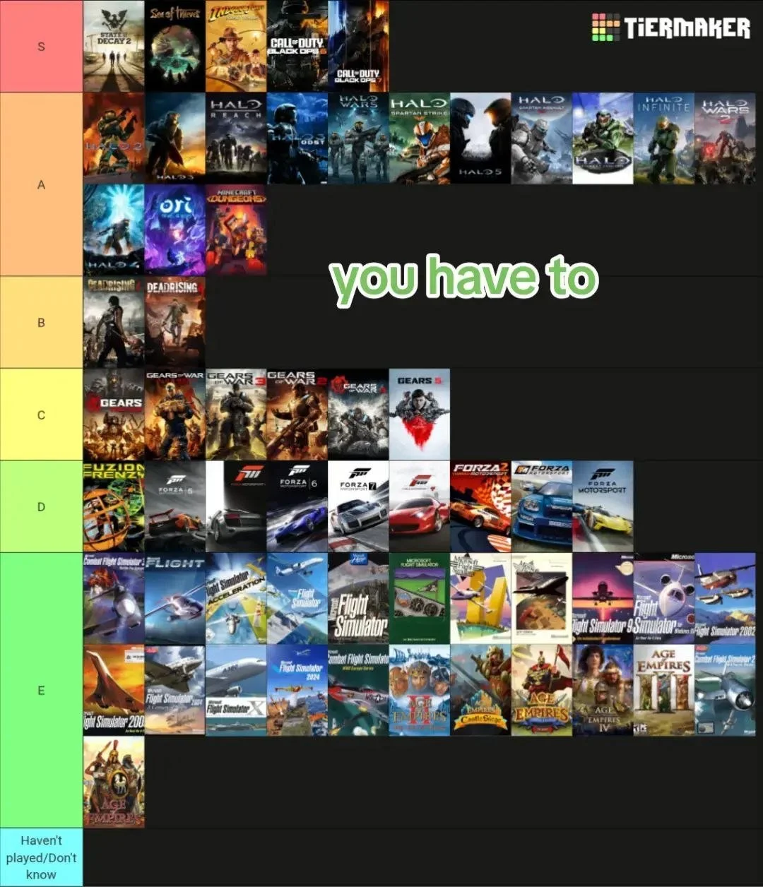A tier list of video games with categories from S to Haven't played/don't know. Top row (S) includes games like State of Decay 2, Sunset Overdrive, The Last of Us, Call of Duty, and Halo titles. A row features Halo 2, Halo, Halo Infinite, and Halo Wa