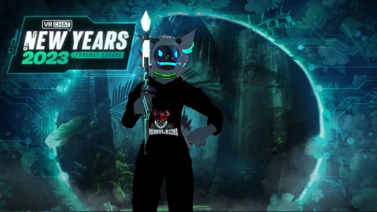 Digital illustration of an avatar with a robotic mask and glowing blue eyes, standing in a virtual jungle environment, holding a spear, with the text 'VR CHAT NEW YEARS 2023 VRCHAT SQUARE' in the top left corner.