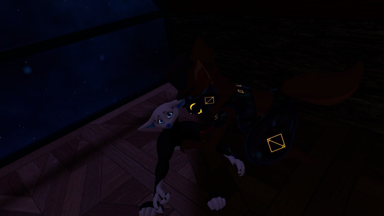 A cartoon fox lying on the floor with its head resting on its paws, looking up with sad eyes.