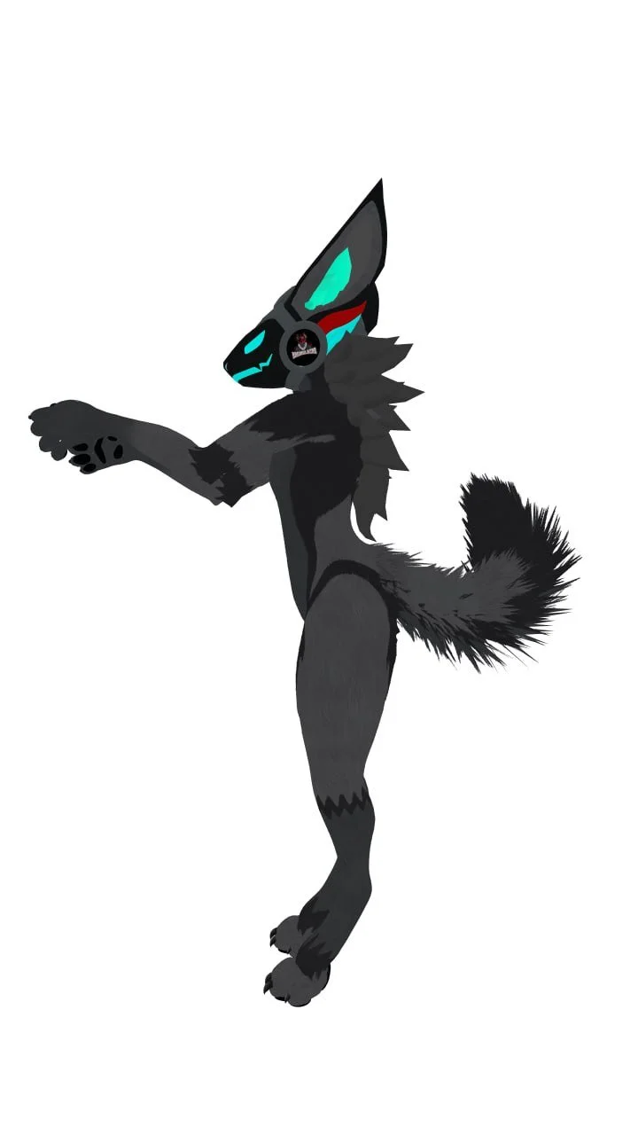 A digital illustration of an anthropomorphic wolf character with a futuristic design, wearing a mask with glowing blue accents, and standing against a plain white background.