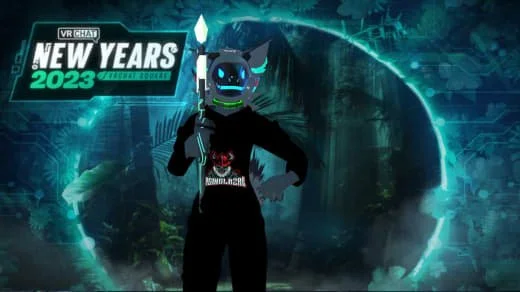 A digital graphic features a cartoonish black cat mascot with glowing blue eyes, holding a torch, set against a futuristic, forest-themed background. Text on the graphic reads 'VR Chat New Years 2023' and 'Official Event'.