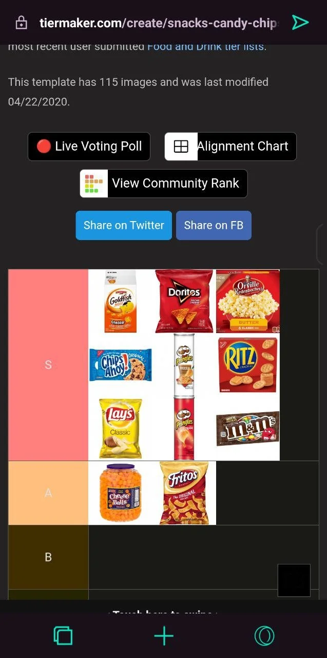 Arrangement of snack products on a chart with colored sections labeled S, A, and B. Snacks include Goldfish crackers, Doritos, Orville Redenbacher popcorn, Chips Ahoy cookies, Ritz crackers, M&Ms, Lay's chips, Pringles, and Fritos.