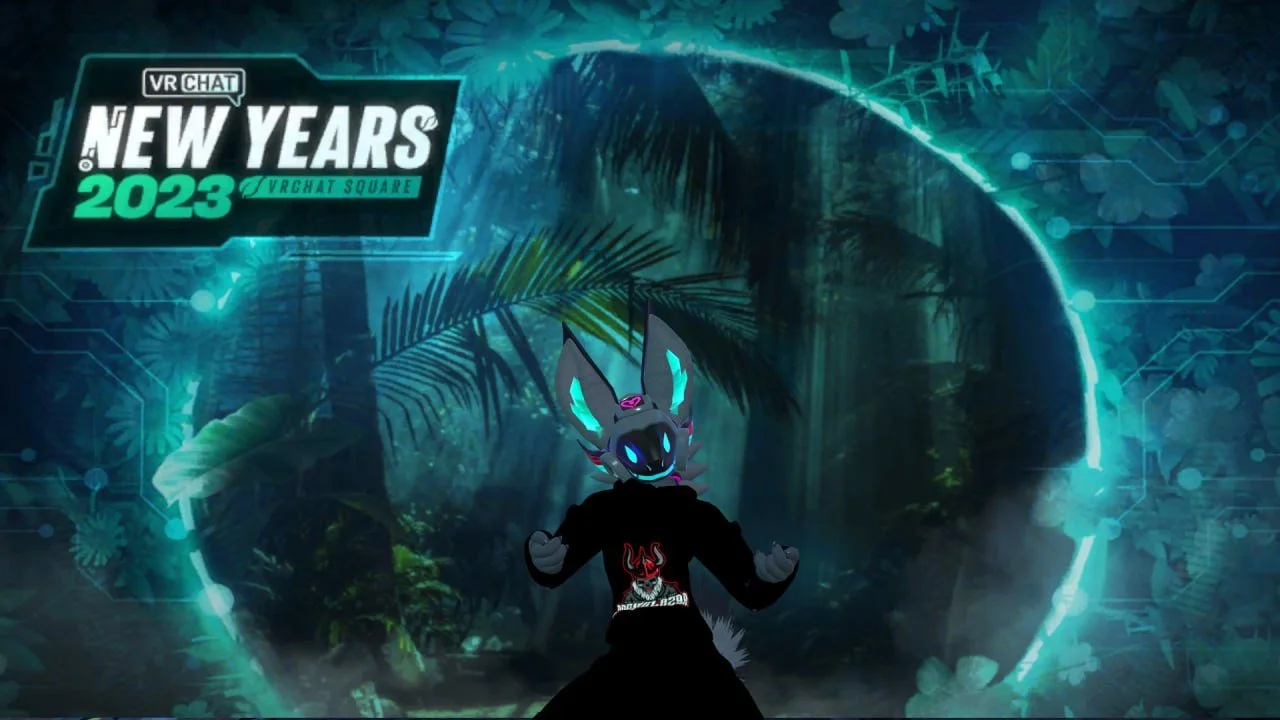 Digital artwork of a character with a wolf-like mask, neon blue and purple lighting, and a tropical jungle background with digital overlay, promoting a New Year's event for 2023 at VRChat Square.
