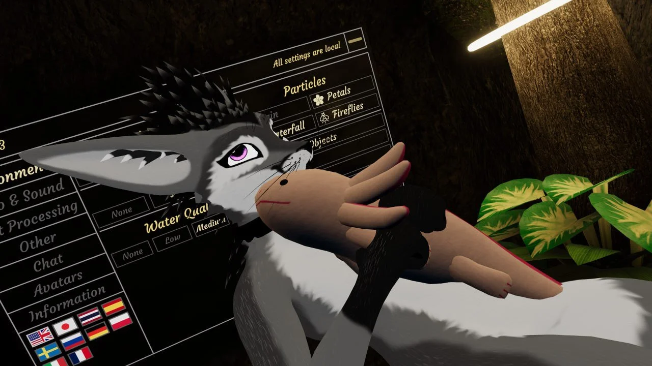 A virtual avatar of a wolf character with purple eyes and gray fur holding a plush toy rabbit in a dark room with plants and a digital menu in the background.