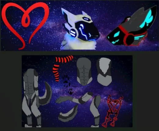 A digital collage featuring a red heart-shaped wire, a wolf's head with electronic and neon accents, a robotic fox head with glowing blue eyes, and various metallic and robotic parts set against a starry space background.