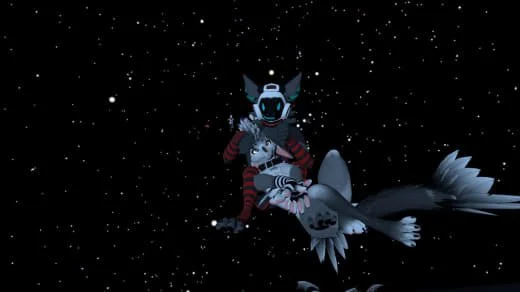 A cartoon-style mascot character riding a large fish in outer space with stars in the background.