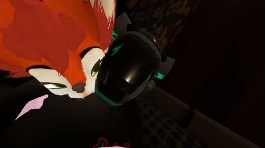A stylized animated fox with large green eyes leaning over a computer mouse.