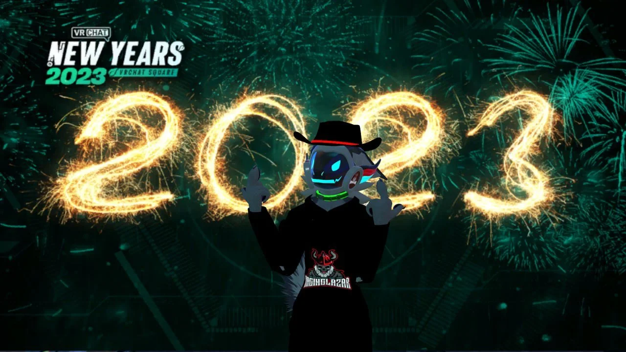 A digital cartoon character with a blue face, glowing eyes, and a black hat, celebrating New Year's 2023 with fireworks in the background, and text indicating the year and a VR chat event.