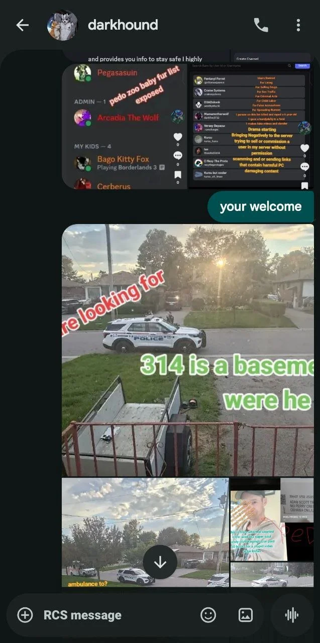 Screenshot of a messaging app showing a convoy of police cars, a residential neighborhood with trees and houses, and overlaid text indicating a location.