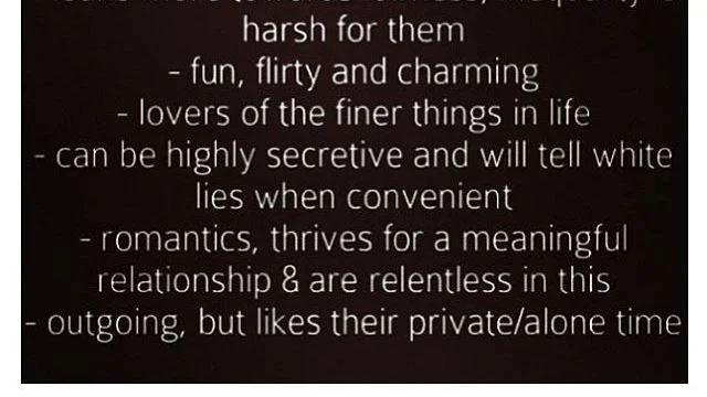 Text on a black background with white letterings describing traits of certain people, including being harsh, fun, flirty, charming, secretive, romantic, relenting, outgoing, and private.