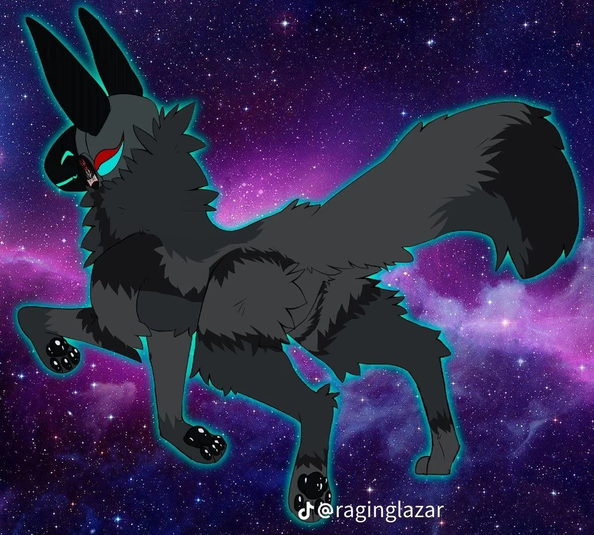 An anthropomorphic black wolf with glowing blue outlines and red eyes, floating in a starry galaxy background.