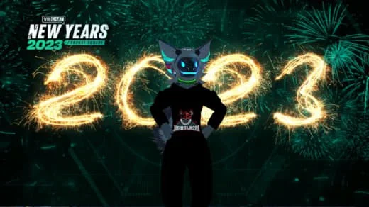 A person wearing a black outfit and a wolf-themed mask standing with hands on hips in front of a New Year's 2023 fireworks display.