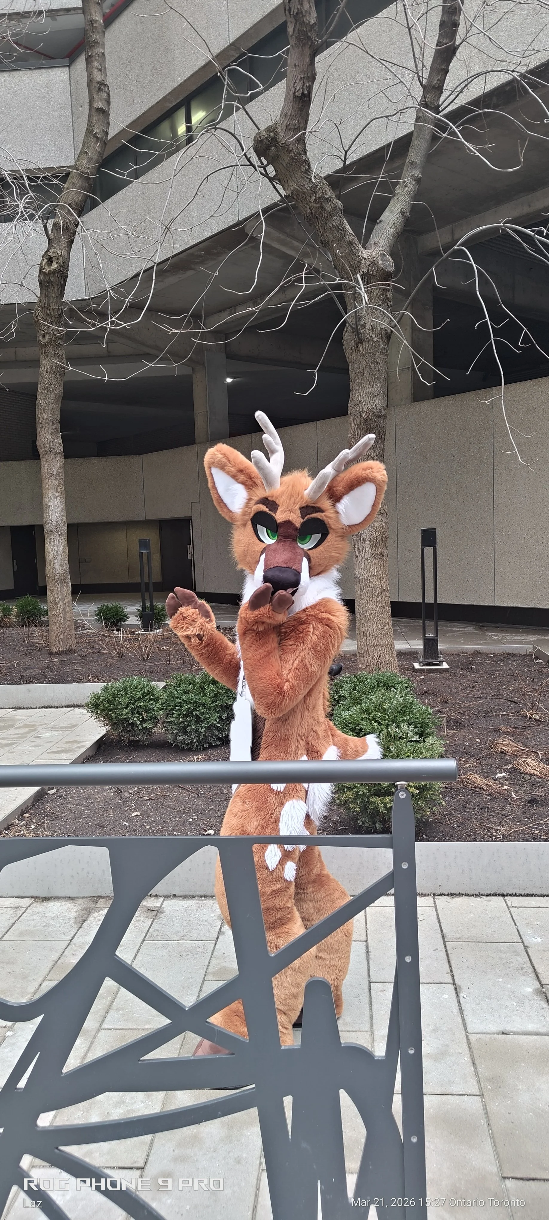 Person dressed in a cartoon deer costume, standing outdoors near trees and bushes, with modern building in the background.