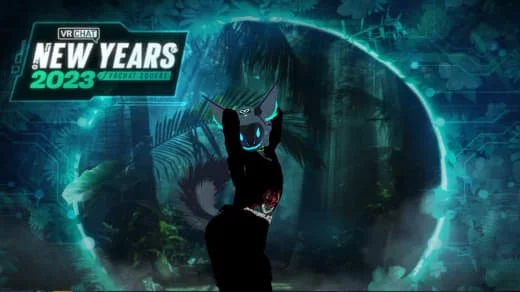 A digital graphic celebrating New Year's 2023 with a dark, animated style featuring a demonic creature and a neon, futuristic background.