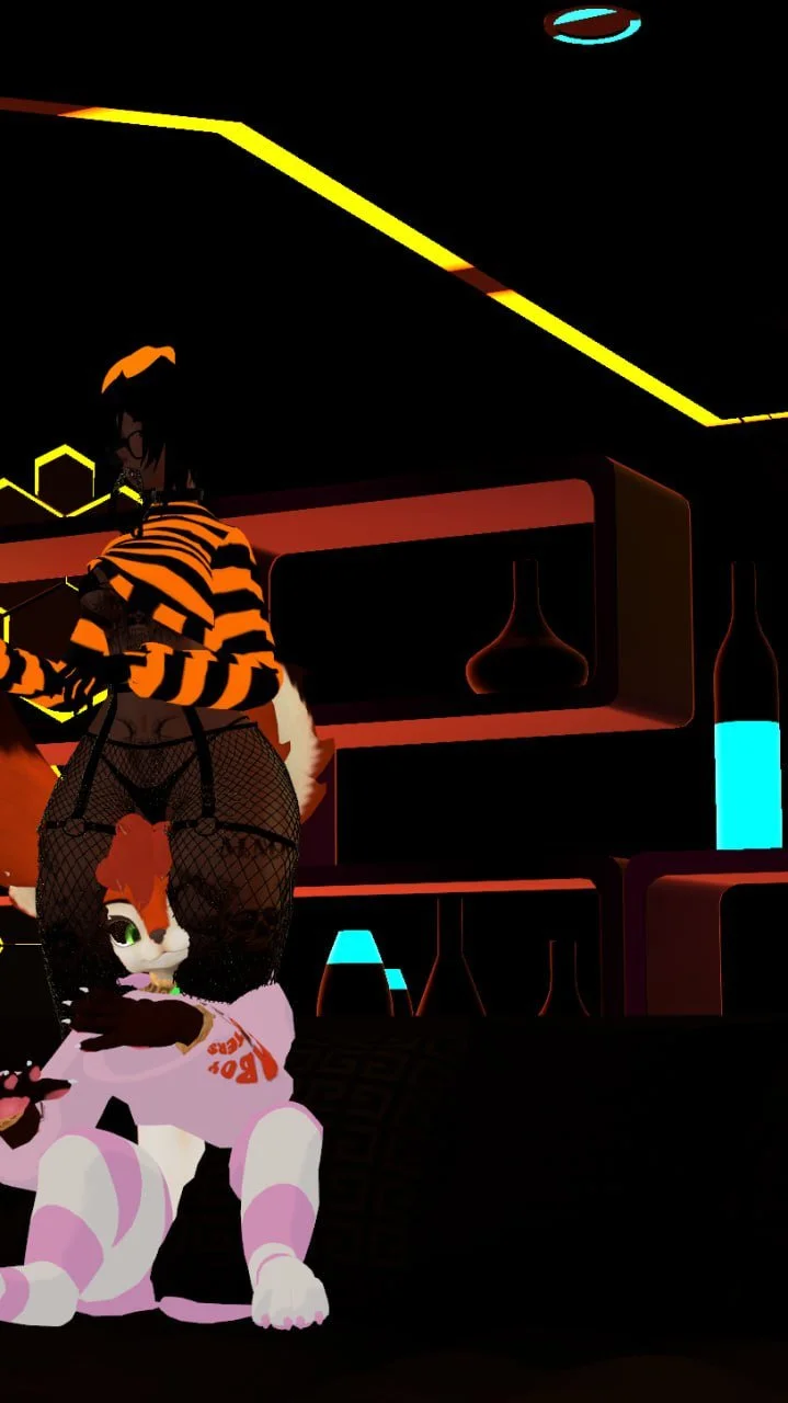 A digital art scene with an animated person dressed in a striped shirt and fishnet stockings, and an animated cat wearing a white hoodie with red text, in a dimly lit room with neon-colored decor and bottles.