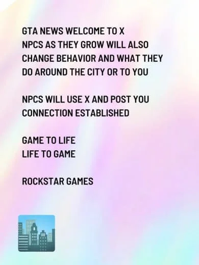 Text about GTA news, NPC behavior, and Rockstar Games, with a small cityscape icon at the bottom.