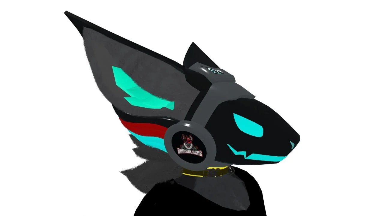 Digital drawing of a black anthropomorphic wolf wearing a futuristic helmet with glowing cyan accents, a badge that says 'Raging B2AD', and a yellow collar.