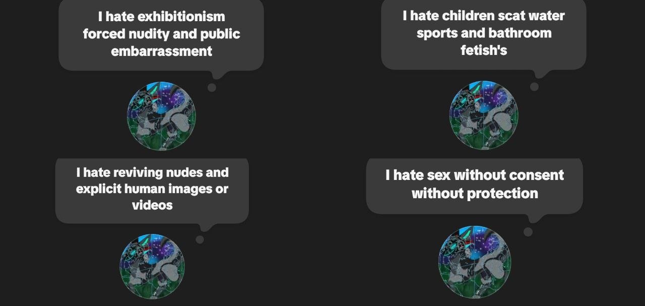 Four speech bubbles with text and a globe in the middle of each. The text in the speech bubbles expresses dislikes related to social issues, such as exhibitionism, nudity, explicit images, sex without consent, and specific fetishes.