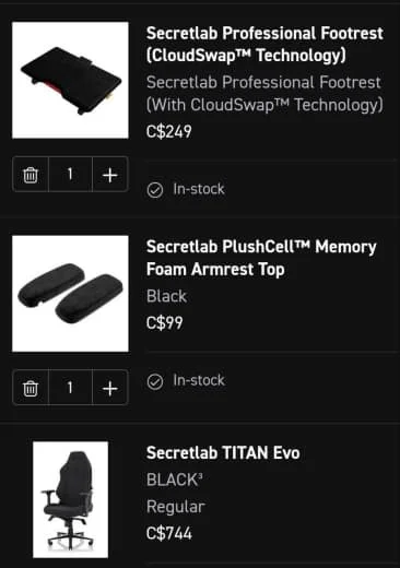 An online shopping cart showing three items: a Secretlab Professional Footrest with CloudSwap technology, a Secretlab PlushCell Memory Foam Armrest Top in black, and a Secretlab TITAN Evo office chair in black.