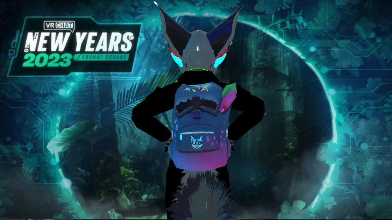 A person in a futuristic fox costume with glowing blue eyes and wearing a backpack features in front of a digital jungle background with the text 'VR CHAT NEW YEARS 2023 VRCHAT SQUARE'.