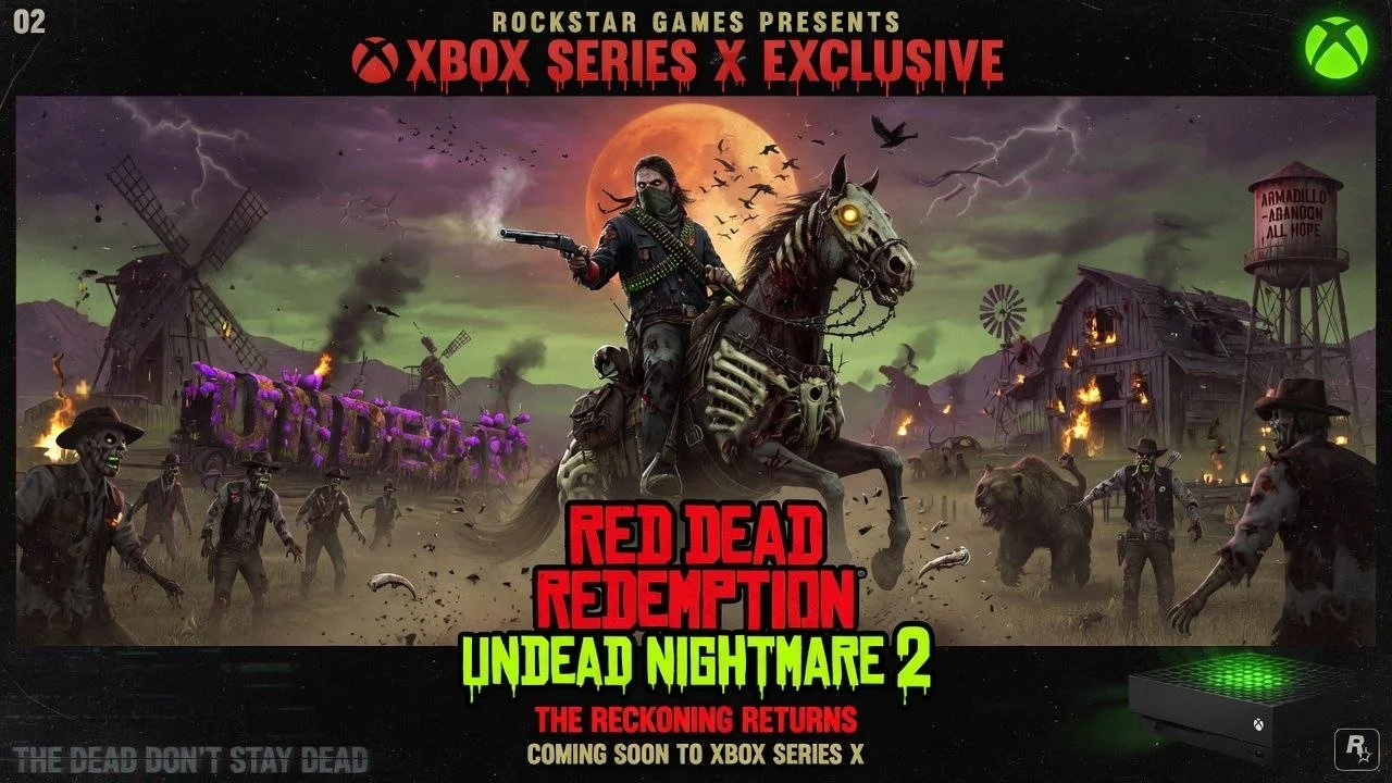 Promotional poster for the video game 'Red Dead Redemption: Undead Nightmare 2', featuring a zombie riding a horse in a dark, haunted town with burning buildings, zombies, and windmills in the background.