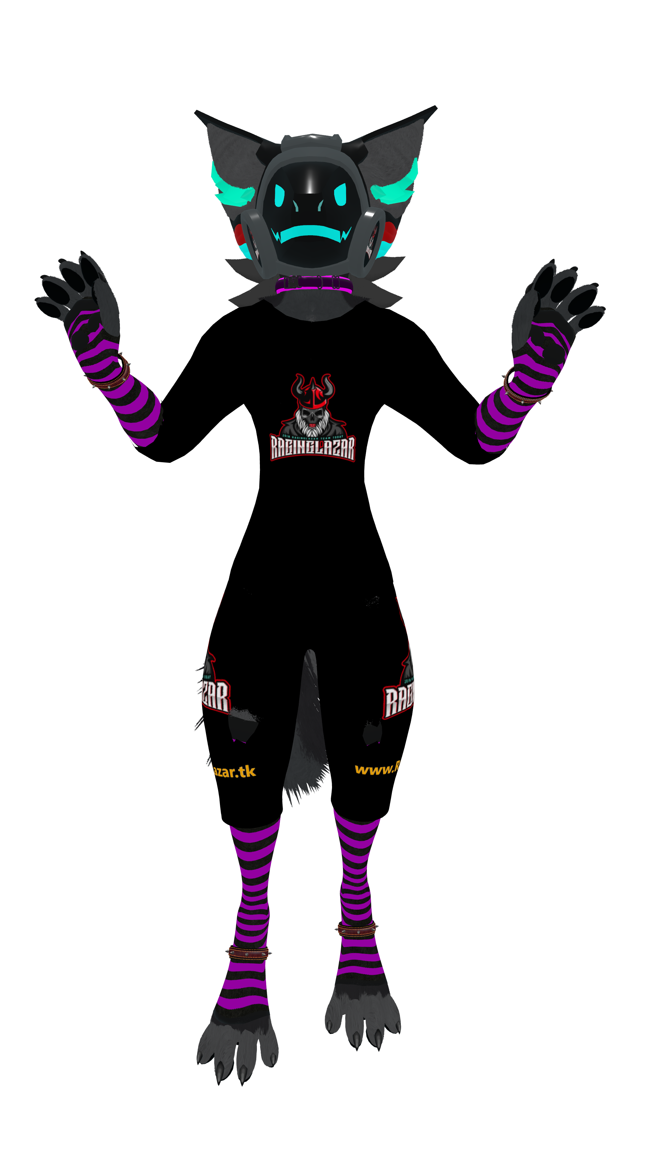 A digital illustration of an anthropomorphic wolf character wearing black and purple striped clothing, with a robotic mask, and various gaming-related logos and text on their clothes.