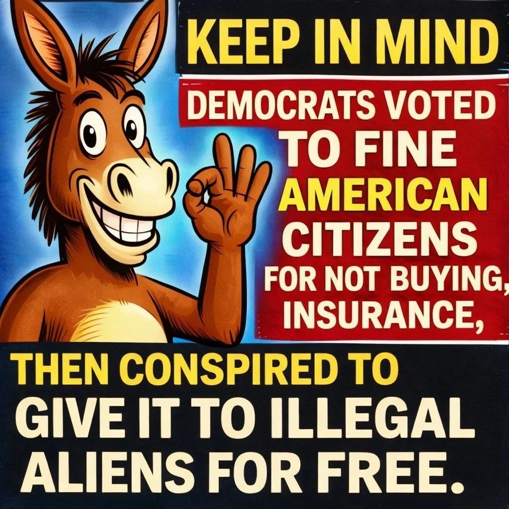 A cartoon donkey giving a peace sign next to a political message that reads, "Keep in mind Democrats voted to fine American citizens for not buying, insurance, then conspired to give it to illegal aliens for free."
