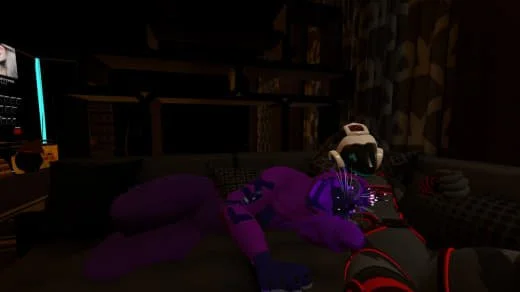 A person wearing headphones is lying on a sofa, gaming or using a computer, with a plush purple toy or pillow nearby. The room has a dark ambiance with colorful lighting.